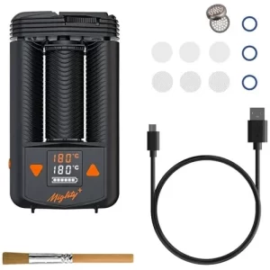 Vaporizzatore portatile mighty+ di storz & bickel su sfondo trasparente completo di tutti gli elementi