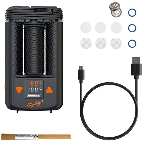 vaporizzatore-portatile-mighty-plus-pacco-completo Vaporizzatore portatile mighty+ di storz & bickel su sfondo trasparente completo di tutti gli elementi