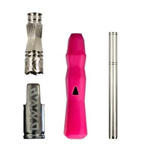 vaporizzatore-portatile-dynavap-b-weedtherapy-rosa-pezzi Vaporizzatore portatile dynavap b su sfondo trasparente che mostra il modello rosa con i pezzi